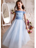 Off Shoulder Sky Blue Lace Tulle Corset Back Flower Girl Dress Off Shoulder Sky Blue Lace Tulle Corset Back Flower Girl Dress